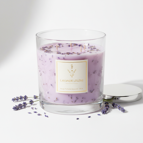 Lavender scented candle in glass container